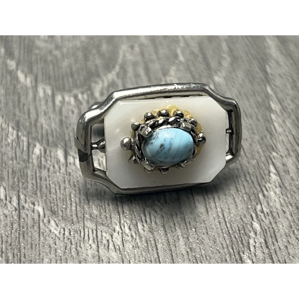 Vintage White & Turquoise Color Cabochon Silver Tone Cufflinks Fashion Jewelry